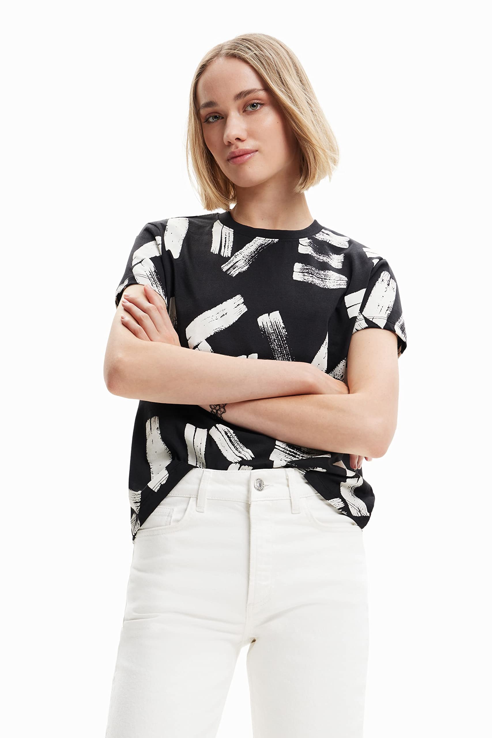 Desigual Glasgow Arty Hand Drawn Monochrome Tshirt 23SWTKAP Black