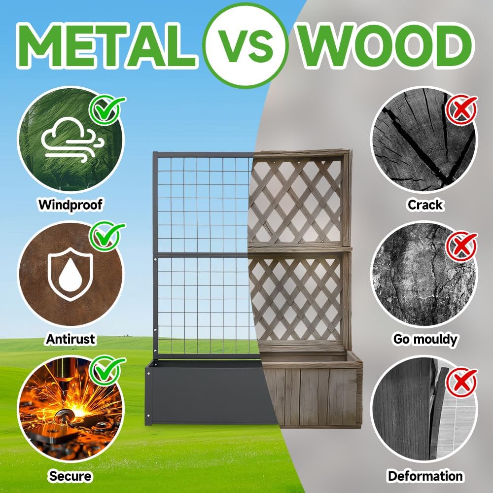 Metal Planter with Trellis Raised Garden Beds Outdoor (35.5" L*12" W*59" H) Inch Planter Box with Trellis&Privacy Screen for Climbing Plants, Vegetables, Vines