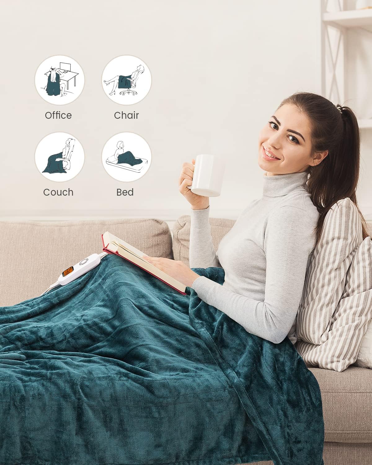 immtree Heated Electric Throw Blanket, Heated Blanket Throw with 10 Heating Settings and auto Shut-Off, Soft Flannel Heated Throw Blanket with Fast Heating, Machine Washable,50" x 60", Dark Green