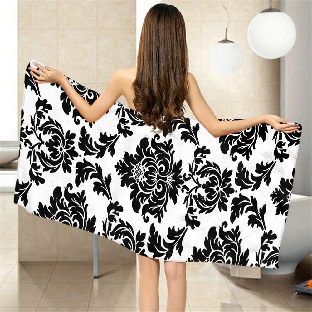 Moslion Soft Bath Towels White Black Damask Flower Floral Comfy Bathing/Beach/Camping Towel for Women Men Girls Boys Large Size 64x32 Inches