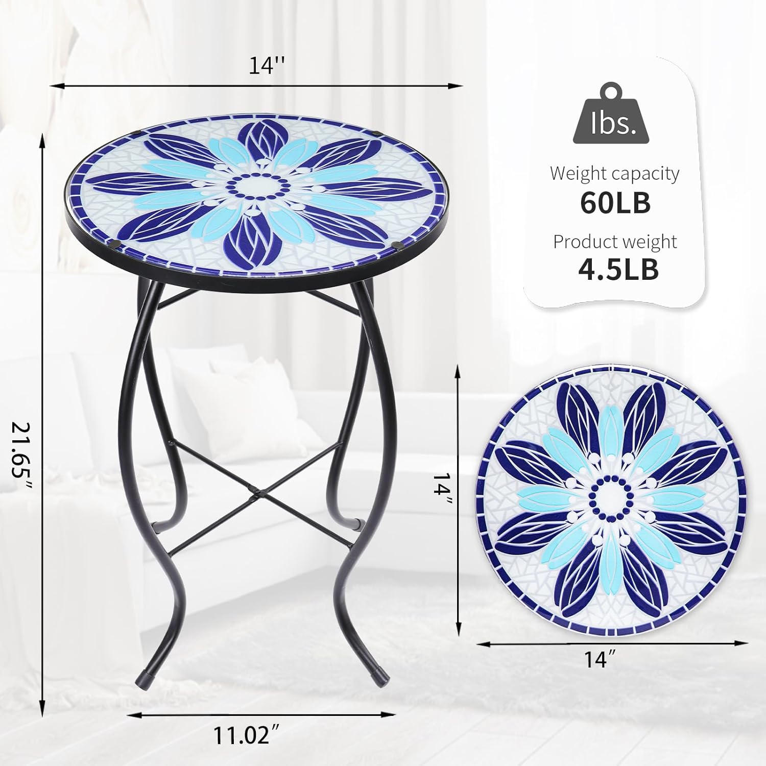 VCUTEKA Patio Side Table Outdoor Accent Table Bistro Coffee Table Plant End Table Small Porch Tables Indoor Round Glass Balcony Blue Flowers 14 inches