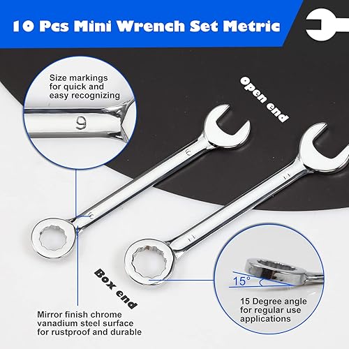 Miniatura 9 de Mini llaves combinadas SAE, juego de 10 piezas, acero de alto carbono, cromado, 532 pulgadas - 716 pulgadas