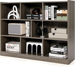 Giantex 8 Cube Bookcase, Freestanding 3-Tier Open Bookshelf, Grey | Modern Storage Display Cabinet, Wood Cube Storage Organizer for Living Room, Home Office, Kid’s Room