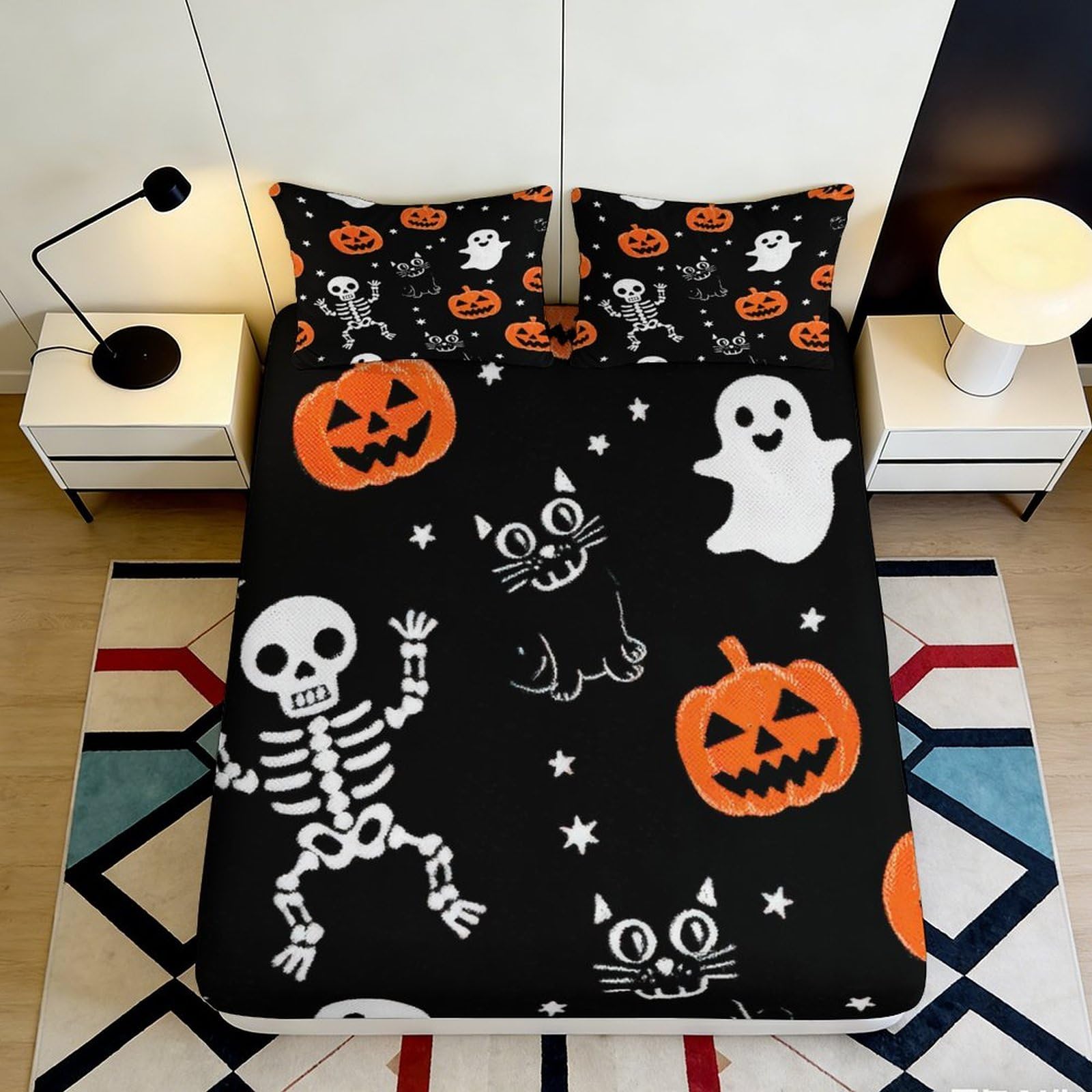 3D Printed Halloween Pumpkin Fitted Sheet Microfiber Skeleton Ghost Mattress Cover Black Bed Decor for Bedroom Guestroom 90x200x25cm