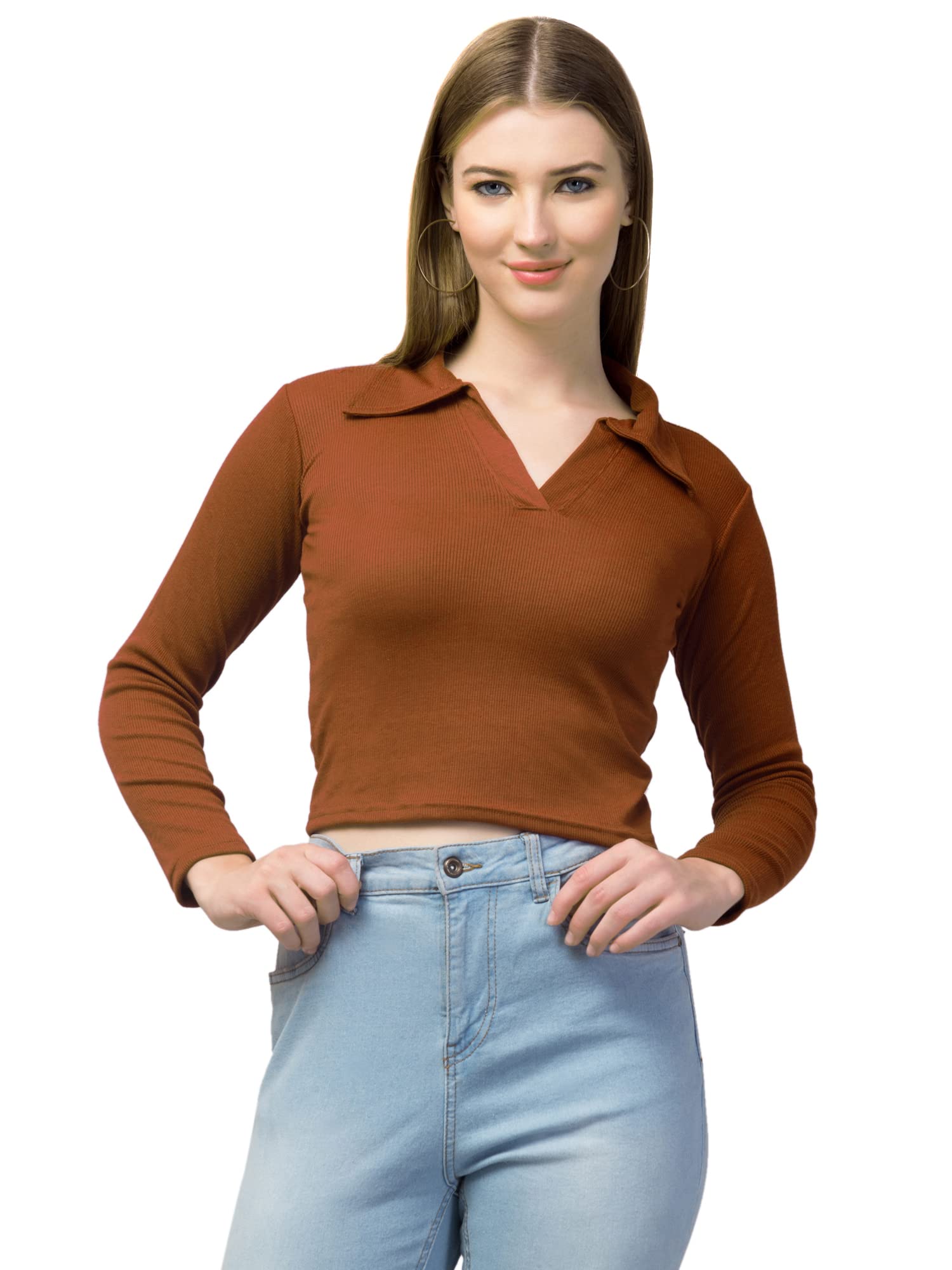 Ribbed Polo Collar Full Sleeves Tops for Women-image-11