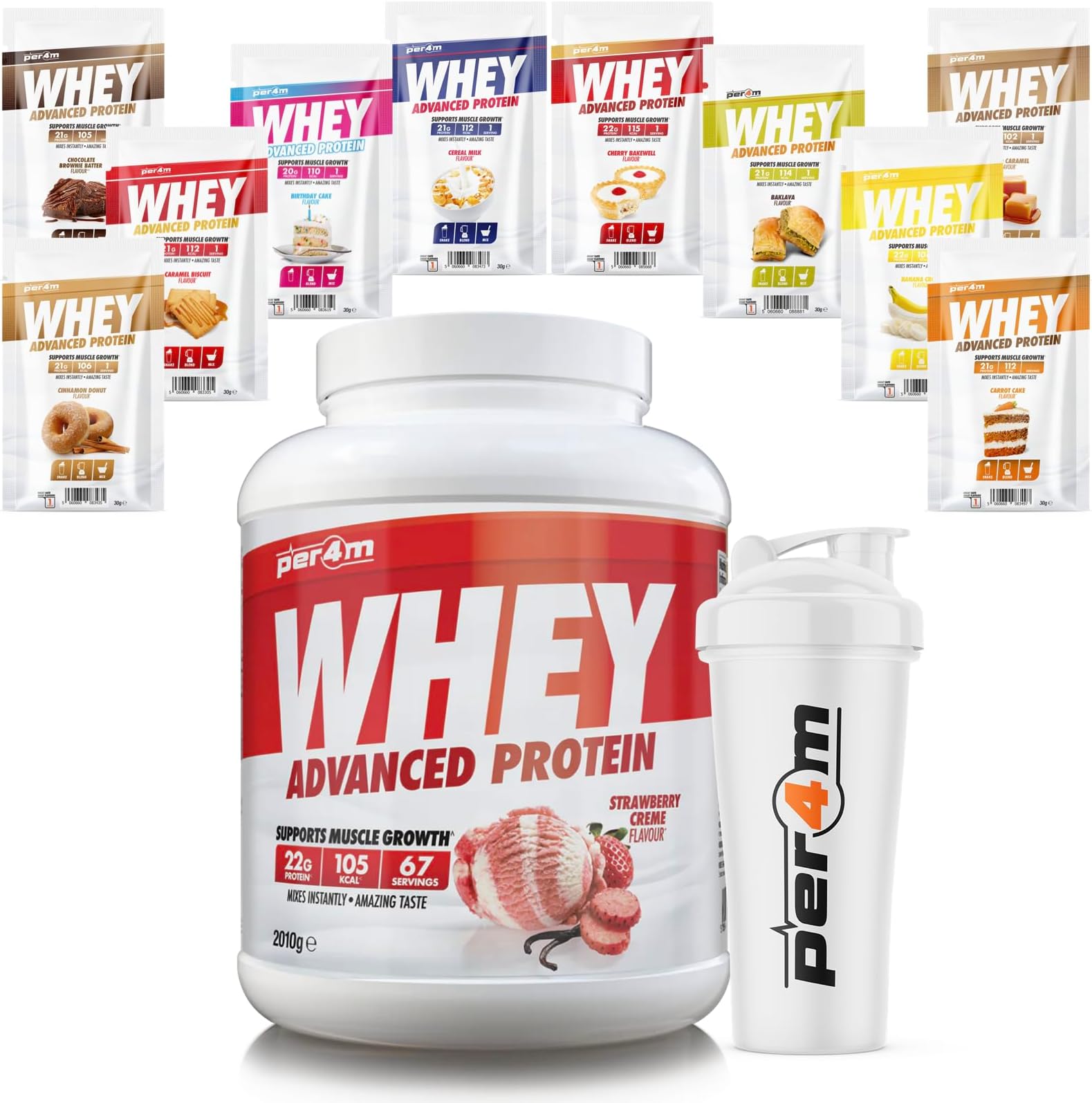 Per4m Whey Protein Shake Powder, Shaker and Sachets | Low Sugar Gluten Free | with 10 Mixed Flavour Sachets & Shaker (2010g, Strawberry Creme)