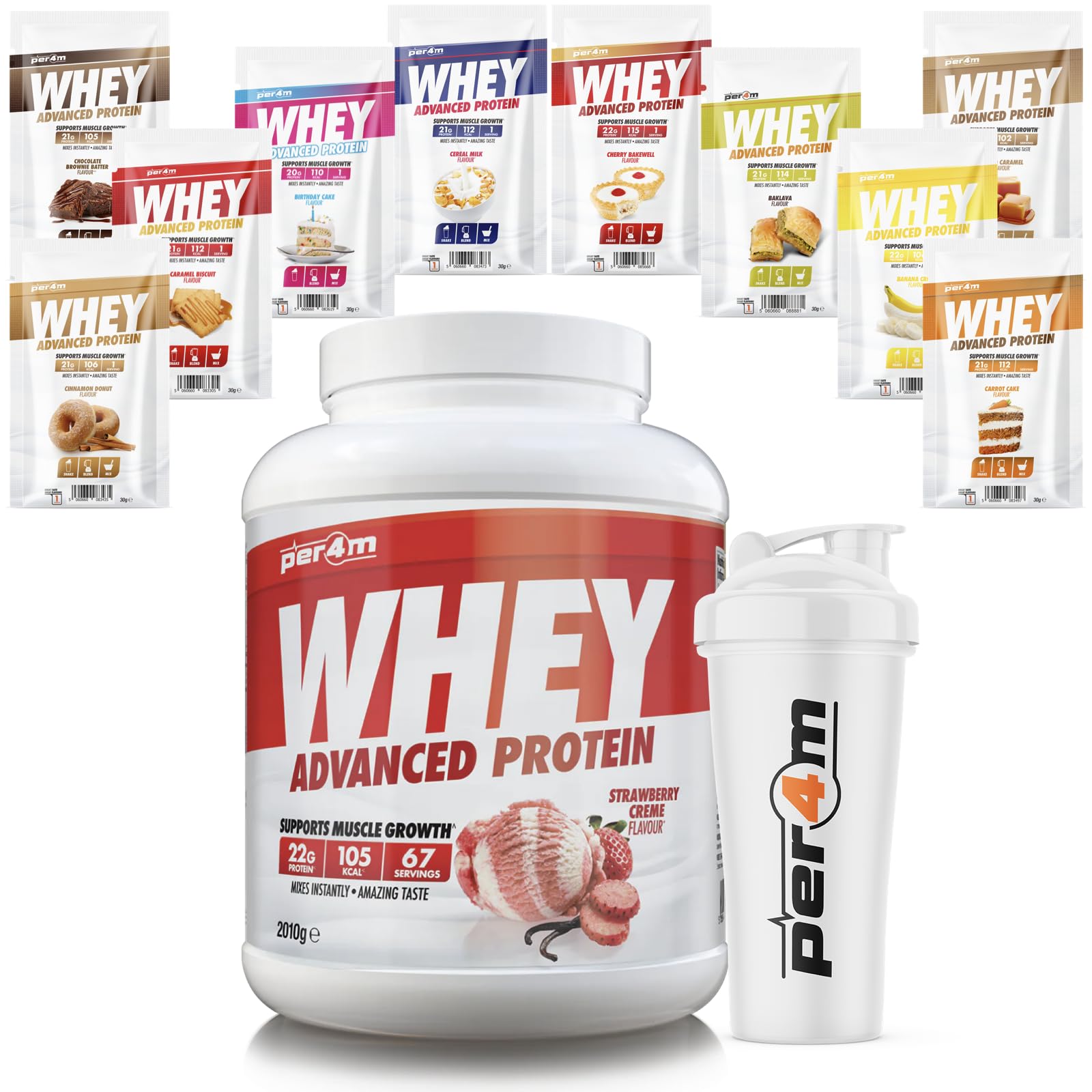 Per4m Advanced Whey Protein Powder | 67 Serving Low Sugar Protein Shake with Amino Acids | Perfect for Your Gym Bag and Travel | Shaker & 10 Mixed Selection Sachets (2010g, Strawberry Creme)