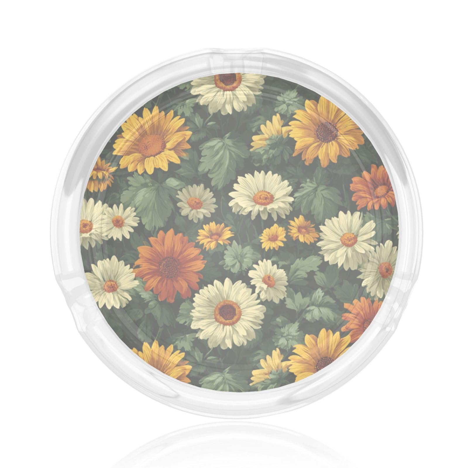 Small Sunflowers And Daisies On Olive Green Glass Ashtray For Cigarettes Ash Trays Case For Home Office Decor