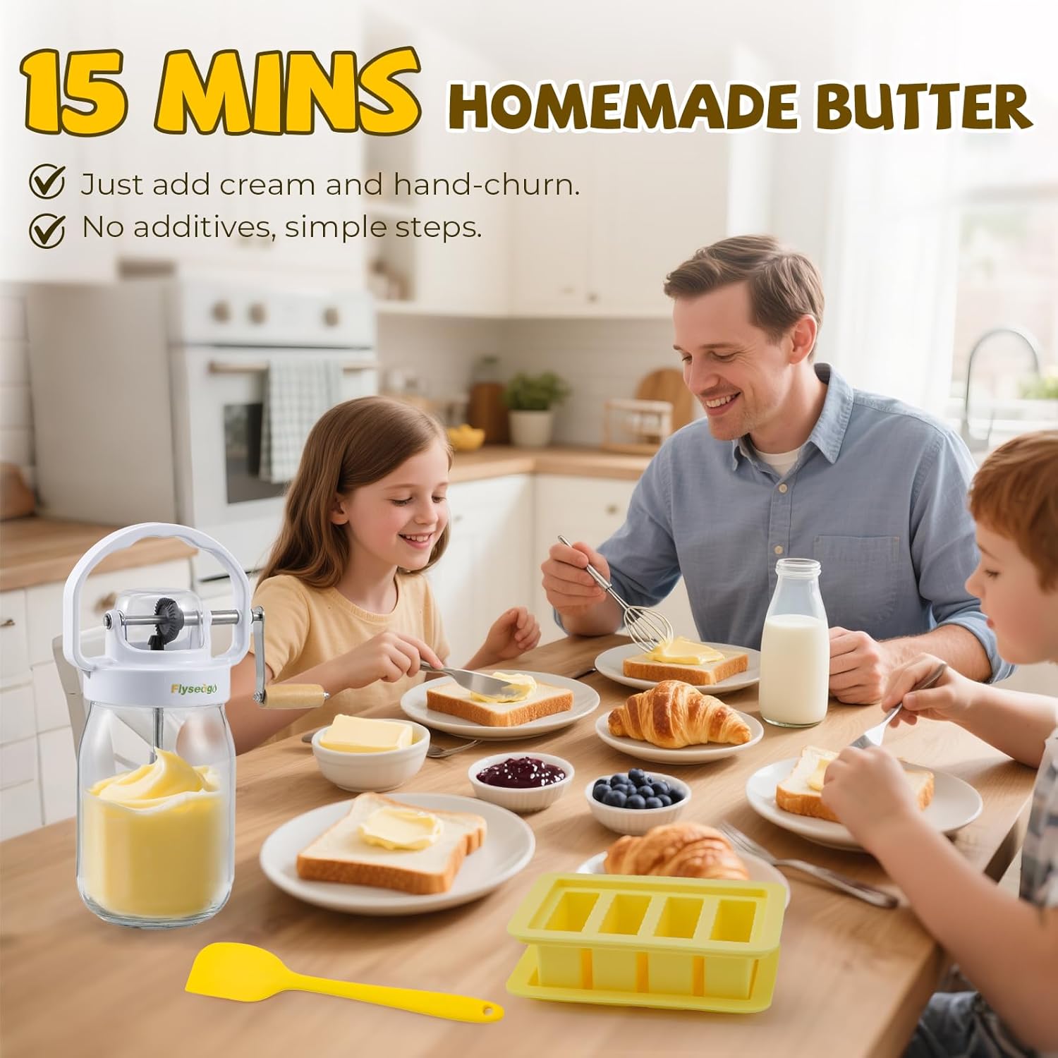 Butter Churner Hand Crank - 51OZ Large Capacity Hand Crank Butter Churner Mason Jar with Silicone Butter Mold with Lid, Cheese Cloth, Homemade Butter in 15 Min, Glass Manual Butter Maker
