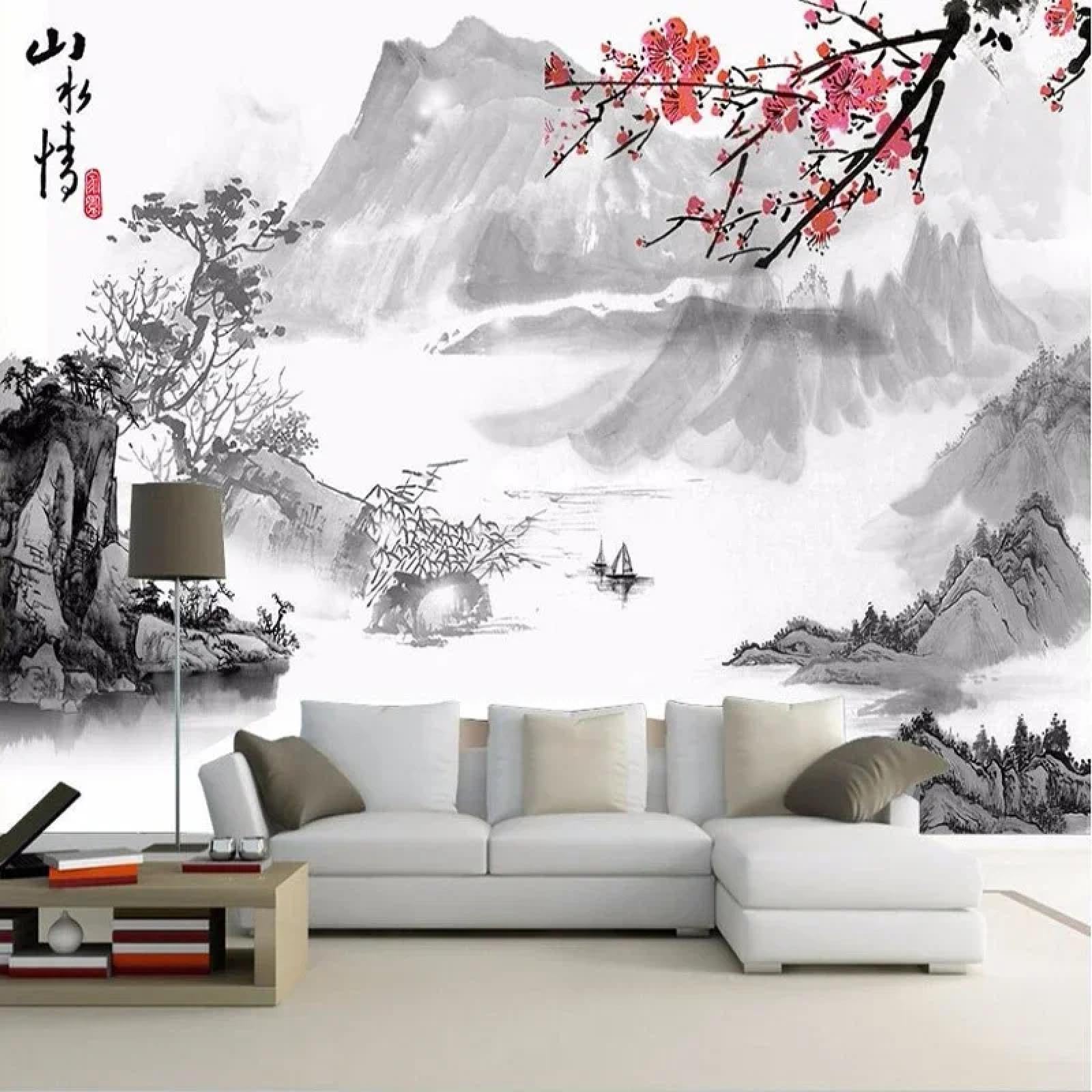 Peinture style chinois paysage à l'encre haut de gamme pour grand mur de salon