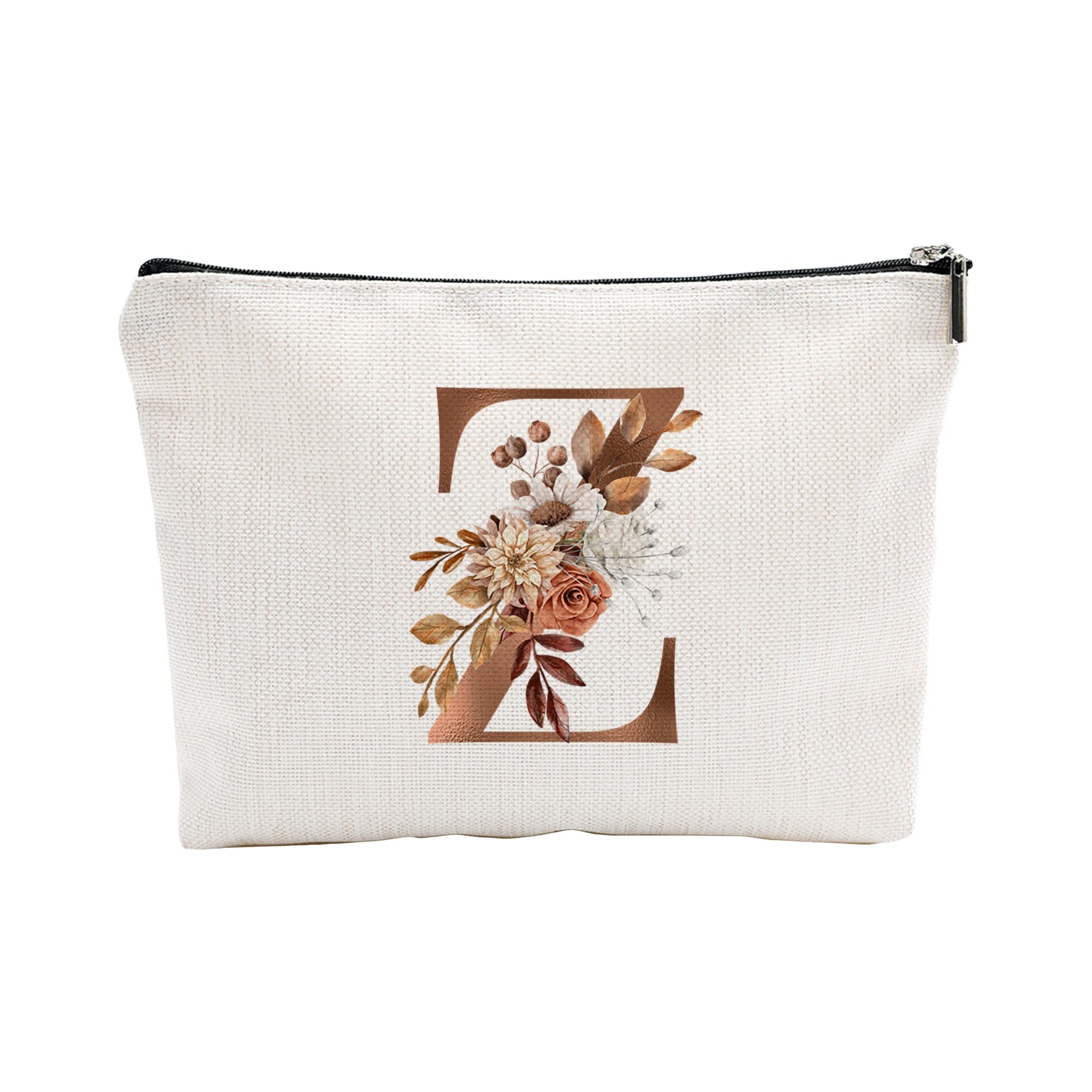 YKYENR A-Z Boho Personalized Cosmetic Bag-Floral Cotton Letter Makeup Bag With Zipper-Artistic Cosmetic Bag For Travel-Bride,Birthday Gift For Women