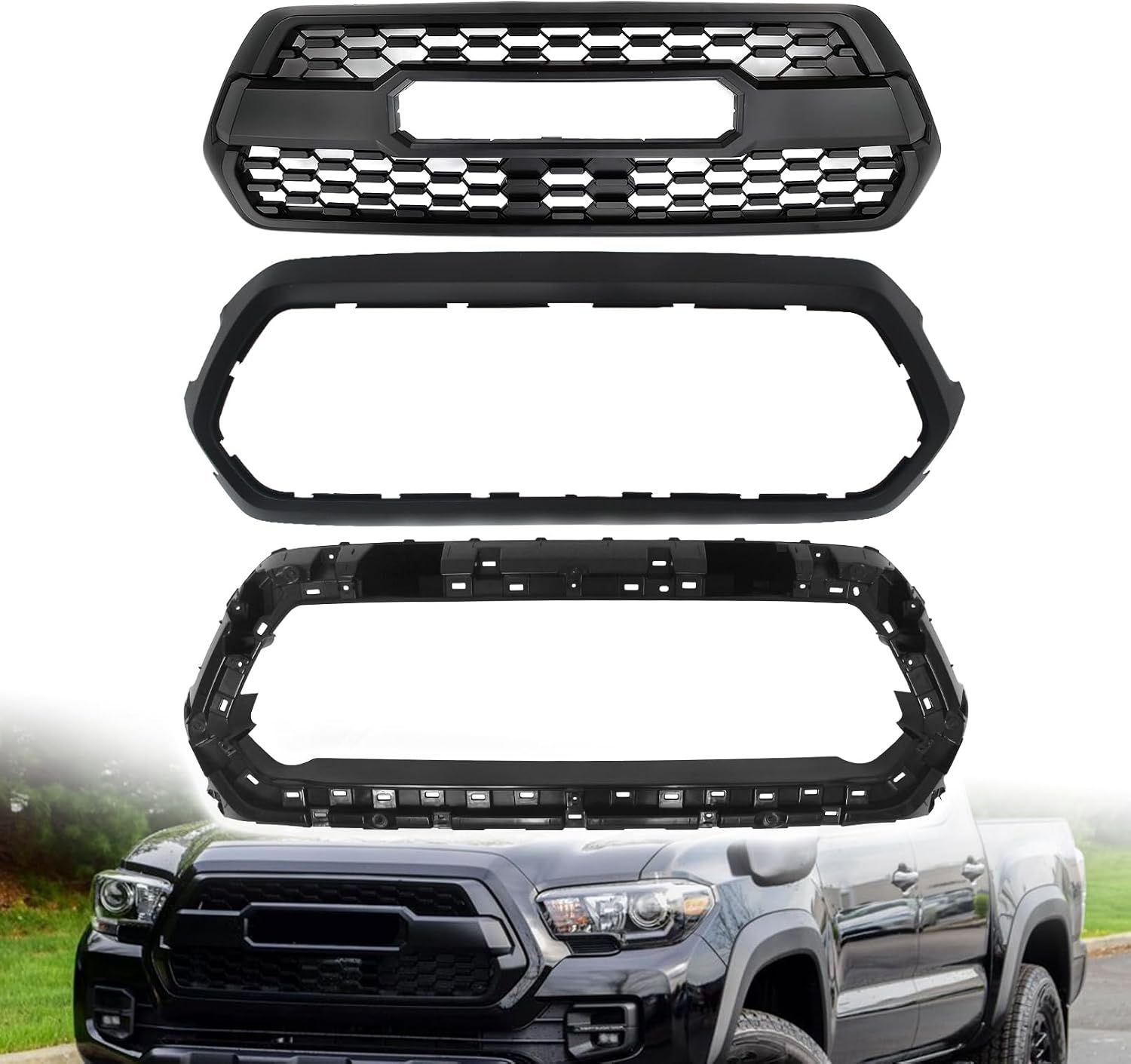 Front Front Radiator Grille Assembly Fit For 2016-2023 Toyota Tacoma Front Bumper Grille & Outer Frame Surround & Bracket Holder Shell Replacement Accessories Matte Black