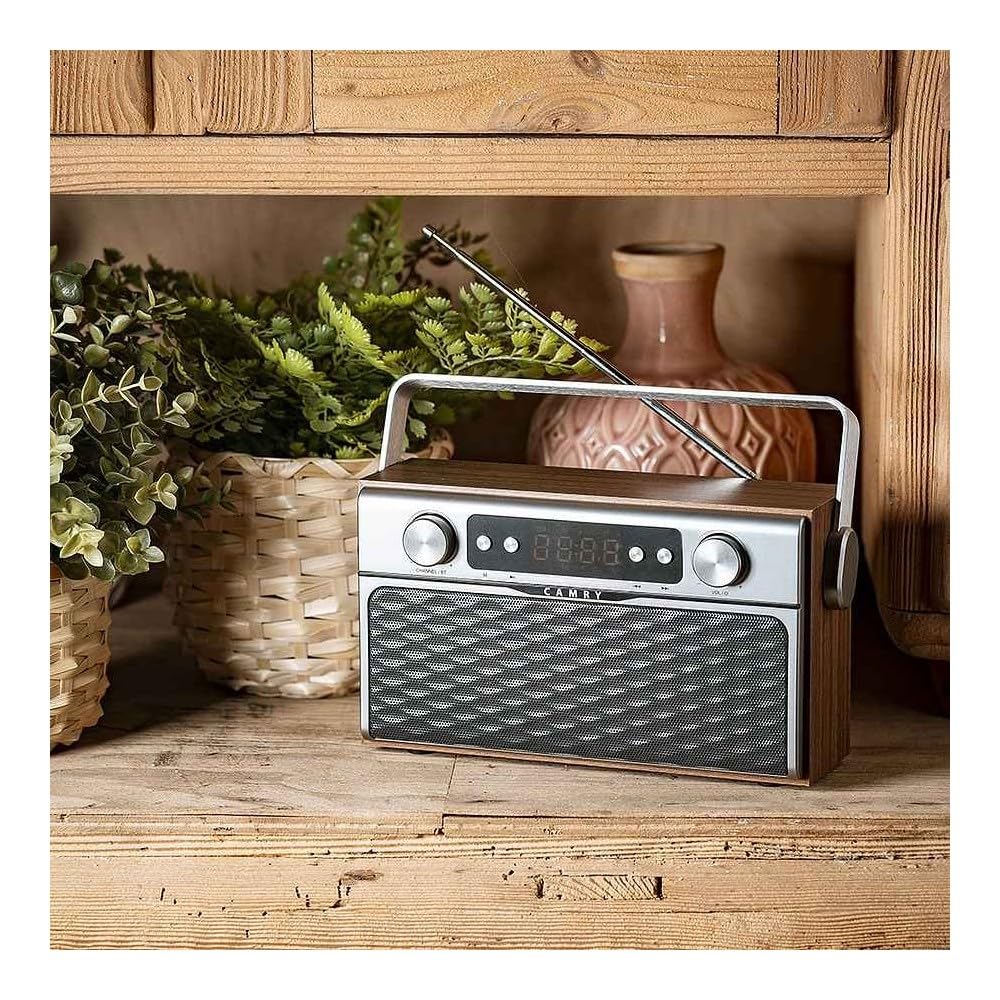 Camry CR1183 Radio Bluetooth, Diseño Retro, Sintonizador FM, 2 Altavoces 8 W, Memoria 50 Emisoras, Reproducción MP3, Puerto USB y Tarjeta SD, Inalámbrica, Portátil, Pantalla LCD, Madera/Acero