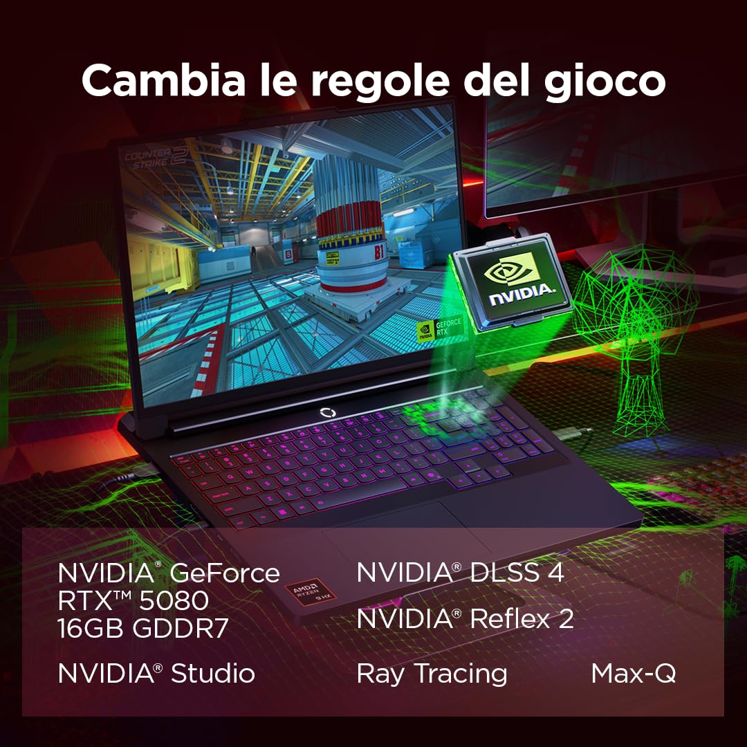 Lenovo Legion Pro 7 Gaming AI Laptop - Display OLED 16" WQXGA 240Hz, NVIDIA GeForce RTX 5080, AMD R9 9955HX3D, RAM 32GB DDR5, SSD 2TB, Windows 11, Tastiera RGB QWERTY, 3 mesi GamePass