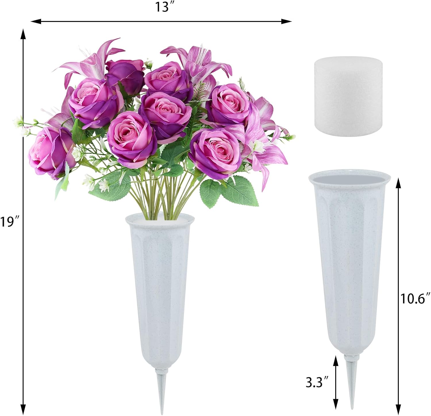 2 Set Artificial Cemetery Flowers with Grave Vase-2 Bunches Lilies & Rose Mixed Purple Silk Memorial Flowers-2 Cemetry Vase with Foam for Outdoor Headstones Gravesite Graveyard Decorations