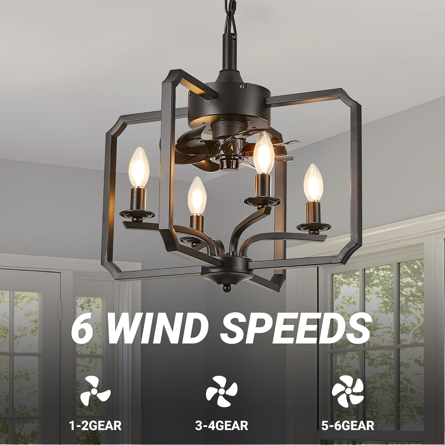 Chandelier Ceiling Fan, 20" Farmhouse Fandelier Ceiling Fans with Lights, Rustic Hanging Geometric Pendant Light Fixture for Bedroom, Dining Room, Kitchen Island, Foyer, Hallway-Black