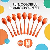 Vista 3 de Exquisite Cucharas de plástico naranja, 50 piezas, cucharas naranjas, utensilios desechables, juego de cubiertos de plástico resistente