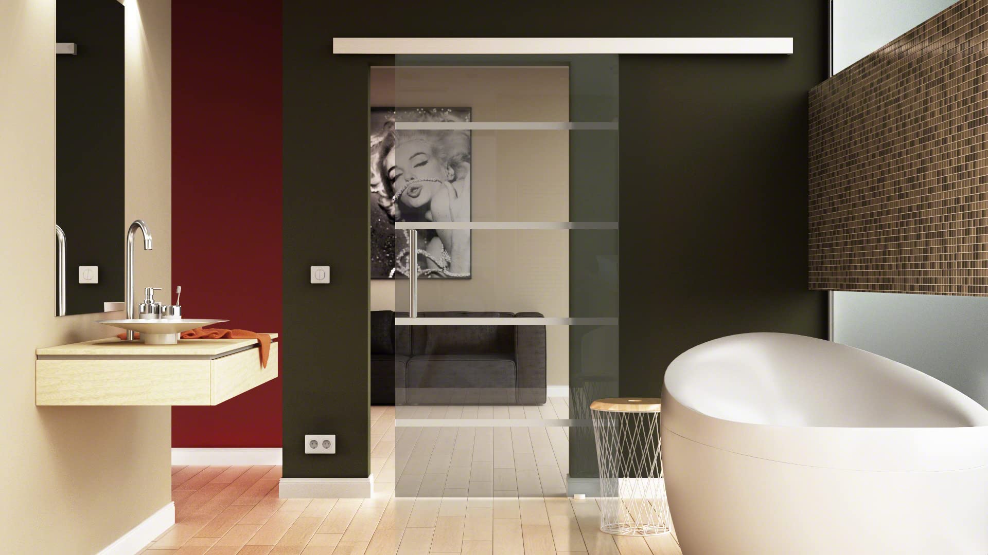 Glas-Schiebetür 1025x2050 mm 5-Streifen-Design Klarglas Sadora® Slimline-System komplett Laufschiene in Edelstahl-Optik und Stangengriff Schiebetür aus Glas für Innenbereich
