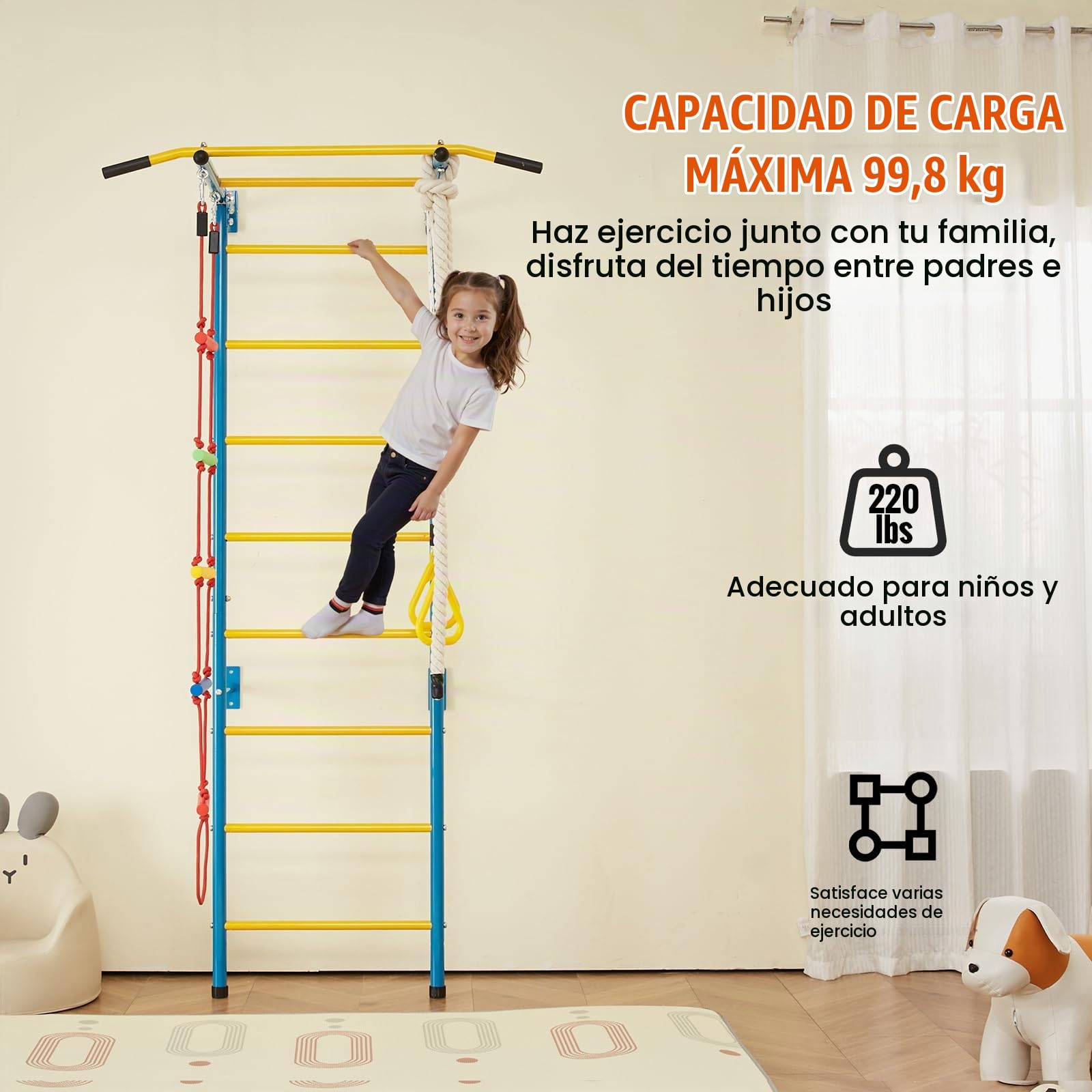 VEVOR 5 en 1 Juego de Escalada para Niños con Escalera Sueca de Acero al Carbono, Escalera de Pared, Barra de Dominadas, Escalera de Cuerda y Anillos de Gimnasia, Carga de 99,8 kg, Multicolor