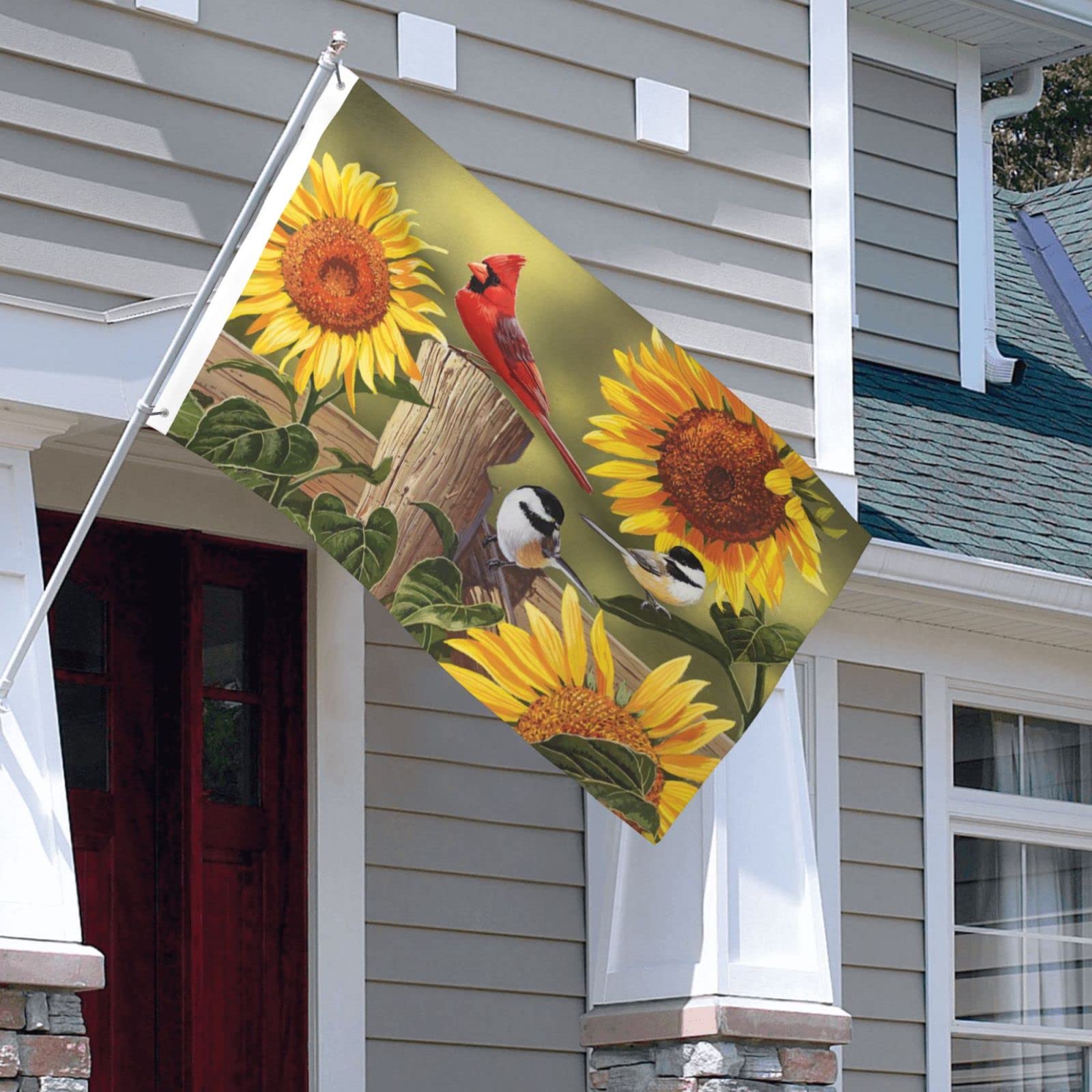 Fiokroo Gartenflagge Sonnenblumen & Vögel | 90 X 150 Cm, Doppelseitig Bedruckt | Aus Wetterfestem Polyester – Für Garten, Terrasse & Balkon