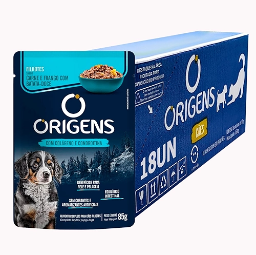 Ração Úmida Sachê Origens Cães Filhotes Carne com Frango 85g 18 Unidades Cachorro