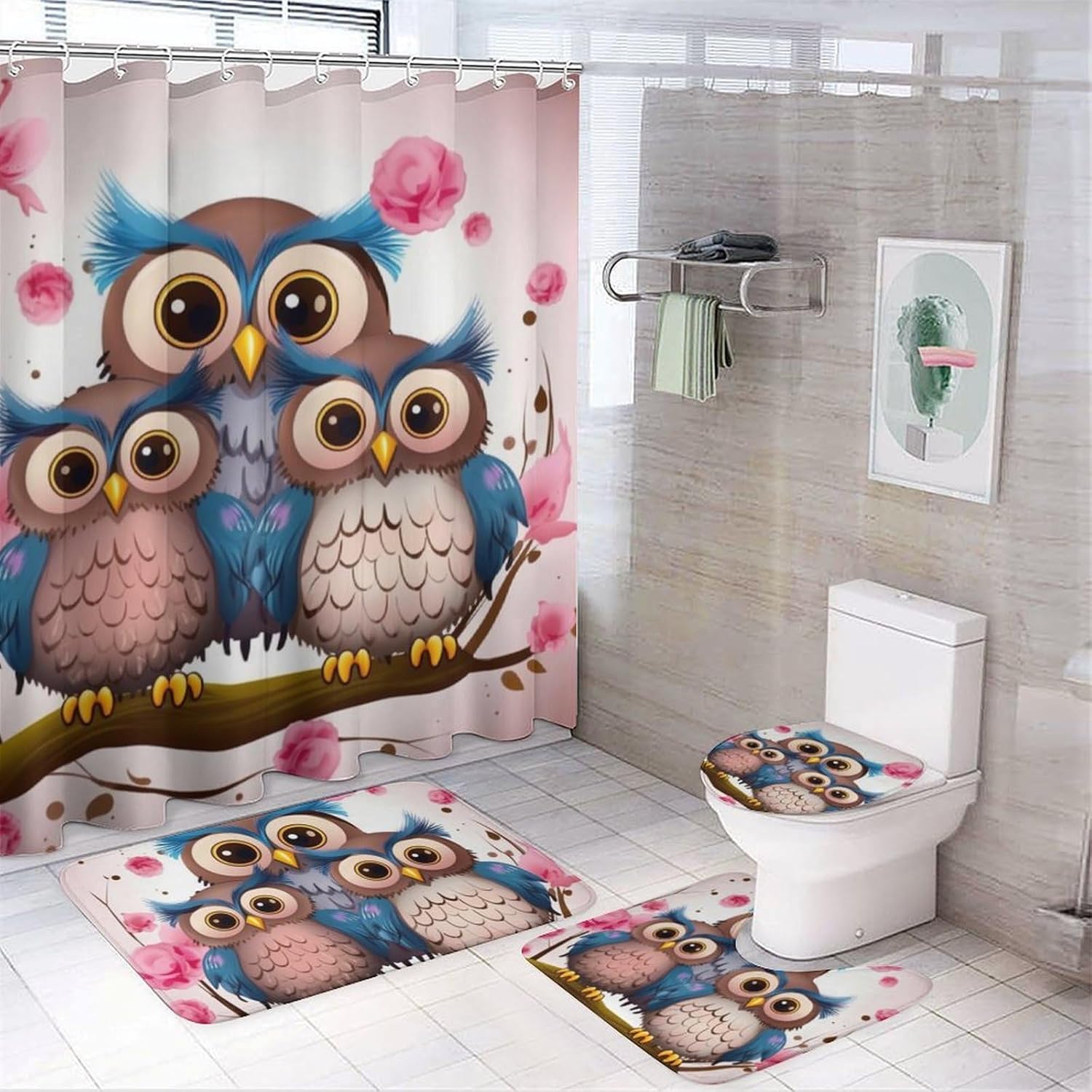Cute Owls Shower Curtain Set 4 Piece, Non-Slip Bath Mat with Toilet Lid Cover and Waterproof Shower Curtain with 12 Hooks, Complete Bathroom Set for Home Decor