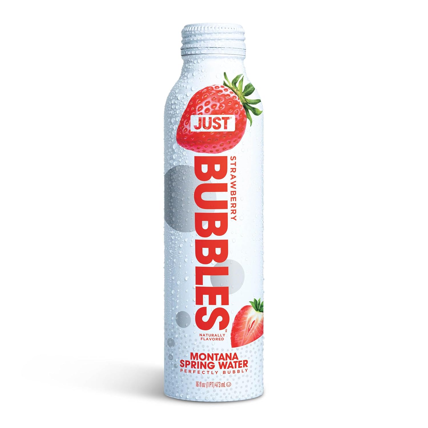 JUST Bubbles Strawberry- Pure Premium Sparkling Spring Water in a Fully Recyclable Reusable Eco-Friendly Bottle - 100% Mountain-Sourced Carbonated Water with Naturally Occurring Minerals, 16 Fl Oz