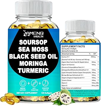 Soursop Supplement Softgels, Extra Strength Soursop leaves & Fruits with Black Seed, Irish Moss & Moringa for Immune & Antioxidant Support, 10-in-1 Herbal Sour sop CapsulesVegan, Non-GMO, 120 Counts