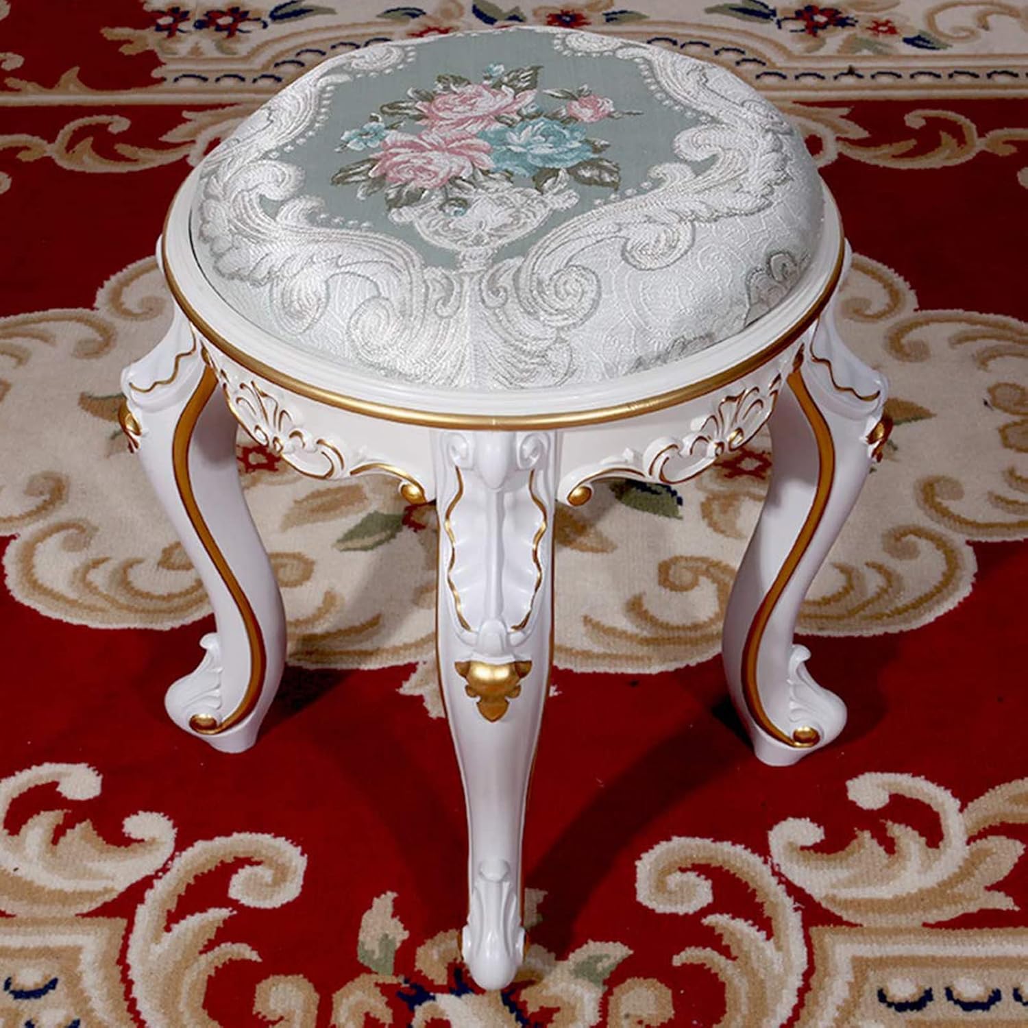 Vanity Benches Round Vanity Stool Makeup Stool Bench Dressing Stools Thick Padded Cushioned Chair Piano Seat Bathroom Bedroom Vanity Benches ABS Plastic Steel Leg ( Color : Gold White Leg Blue Cloth )