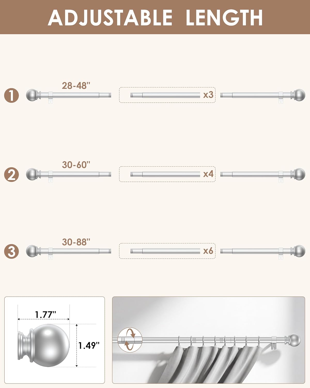 Curtain Rod 28 to 48 Inch,5/8 Inch Diameter Adjustable Silver Curtain Rod.Exquisitely Crafted,Not Prone to Bending or Deformation,simple and stylish.Simple Curtain Rods Suitable for Windows