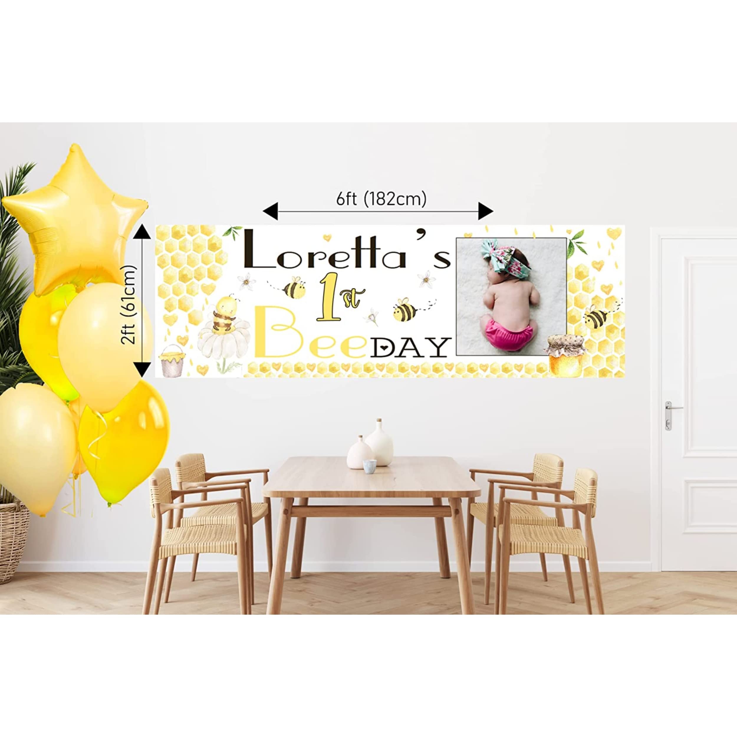 Personalised Bee Birthday Banner with Photo Happy Bee Day For Girls or Boys Bumble Bee Party Decorations Any Name & Age First 1st 2nd 3rd 4th 5th 6th Backdrop Garland Bunting Baby Shower Supplies