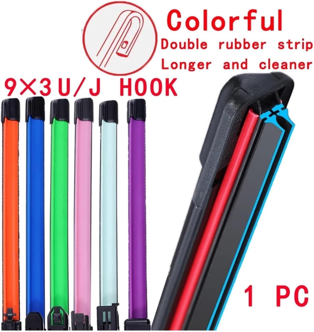 Colorful U J Hook Car Windshield Wiper Blades Universal Soft Double Layer Rubber Frameless Bracketless 16" 19" 20" 22" 24" 26"(Black 20in (500mm)-1 pc)(Pink,16in (400mm)-1 pc)