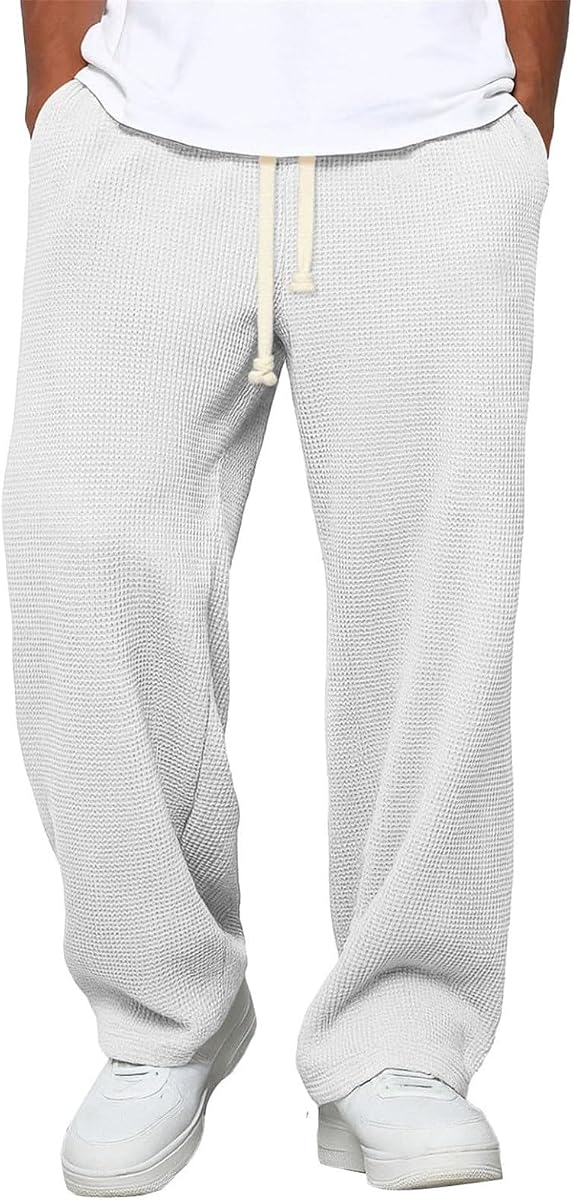 Waffle Pants Casual Wide Leg Pants Baggy Elastic Drawstring Waist Sweatpants with Pockets Hombre