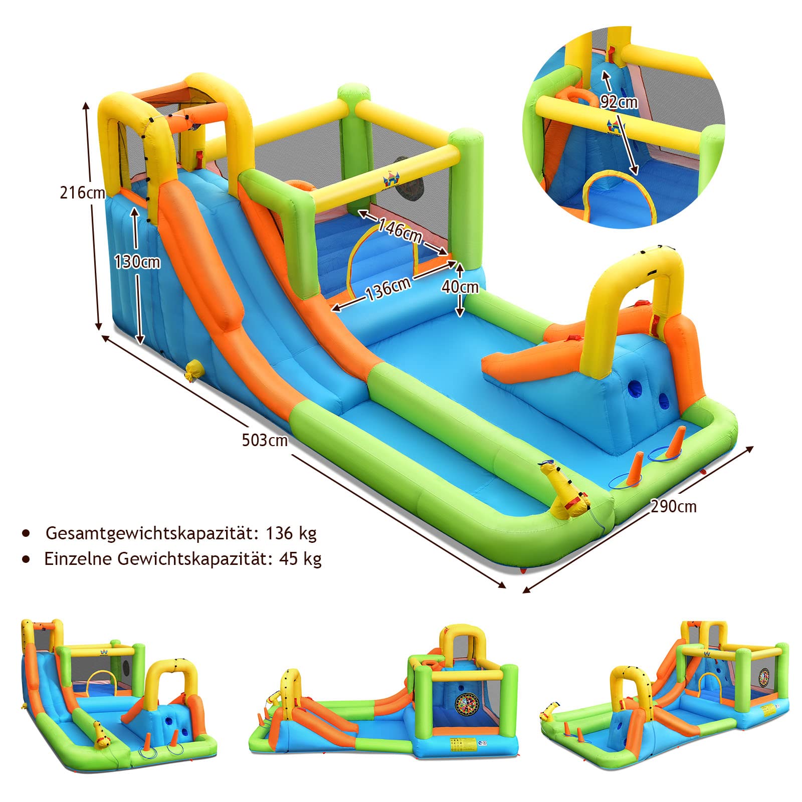 COSTWAY Dmuchany zamek z parkiem wodnym 503 x 290 cm zjeżdżalnie ścianka wspinaczkowa kosz do koszykówki
