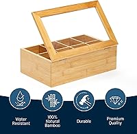 Vista 2 de RoyalHouse Organizador grande de almacenamiento de té de bambú natural con ventana superior de acrílico transparente, 8 compartimentos, soporte