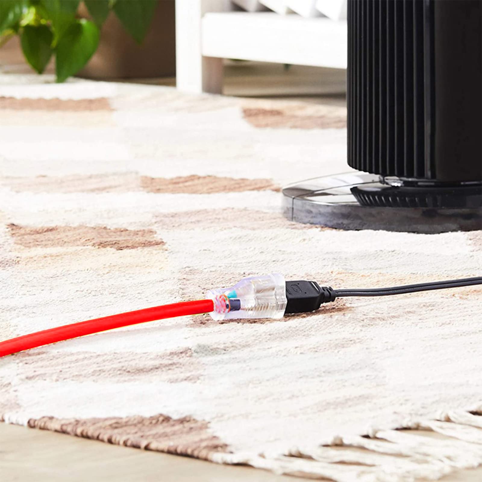 Cable de extensión iluminado para exteriores de 10 pies, 12/3, calibre 12, 3 clavijas, SJTW, resistente, cable de extensión rojo neón con enchufe de 3 clavijas para mayor seguridad, listado