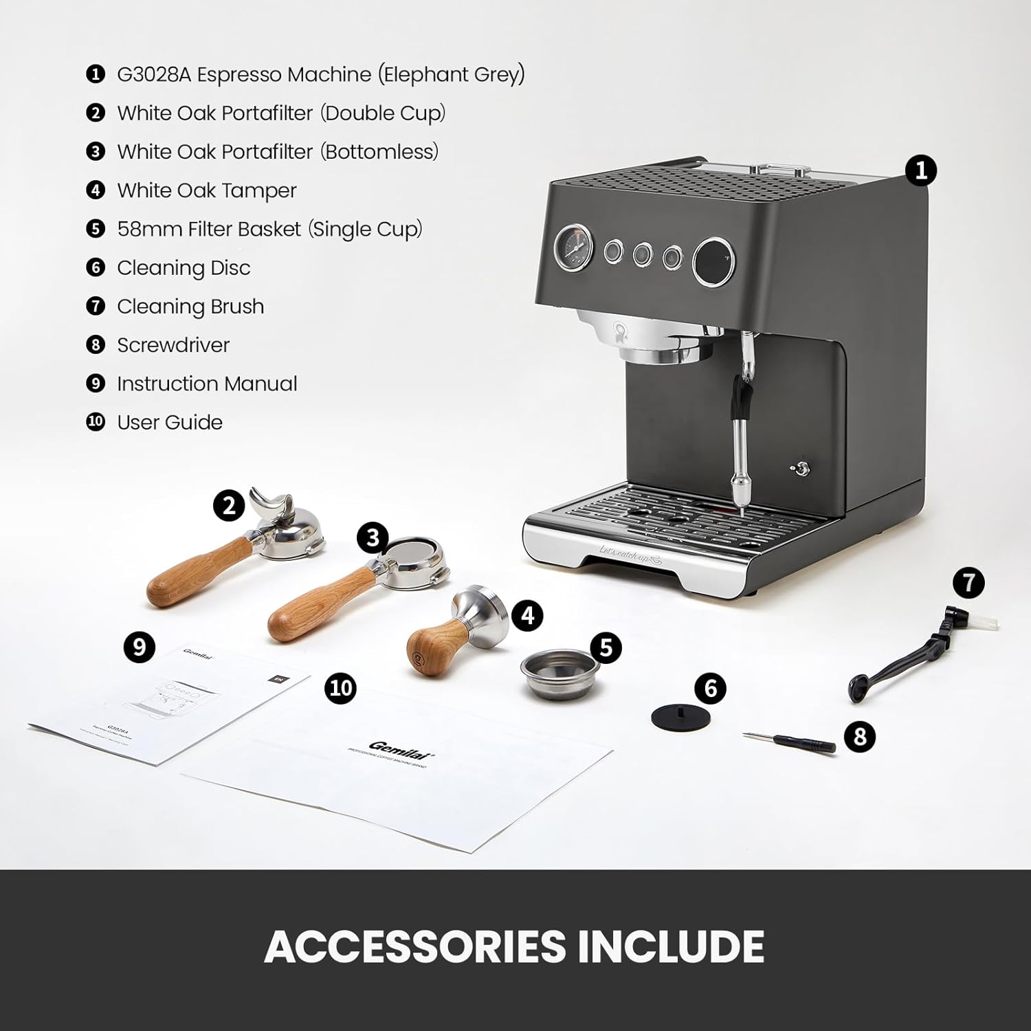All accessories included with the Gemilai G3028A Espresso Machine, laid out next to the machine.