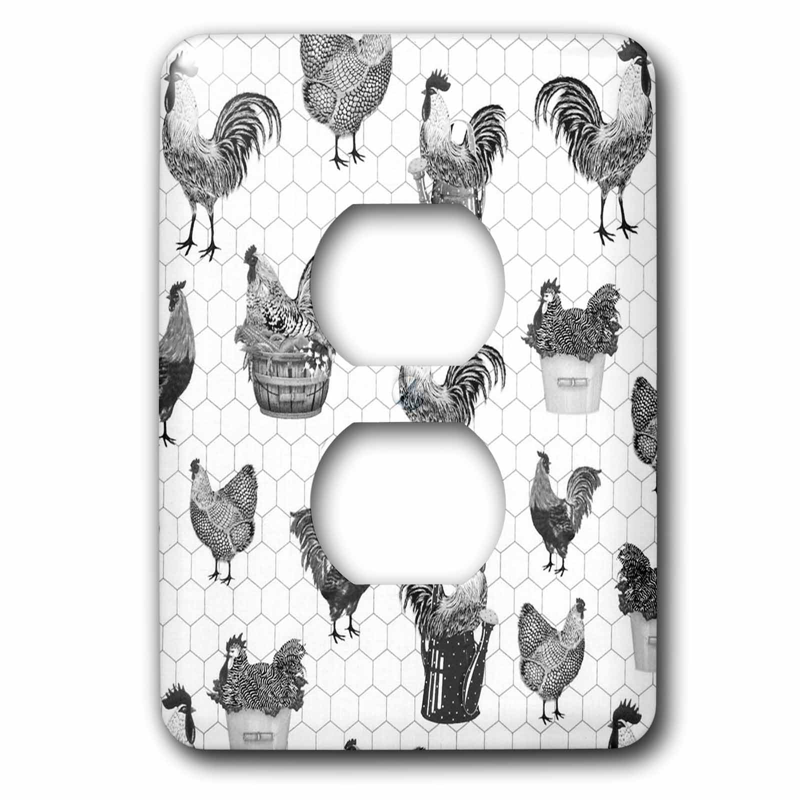 Country Roosters en noir N blanc habillage double prise pour remplacer vos plaques