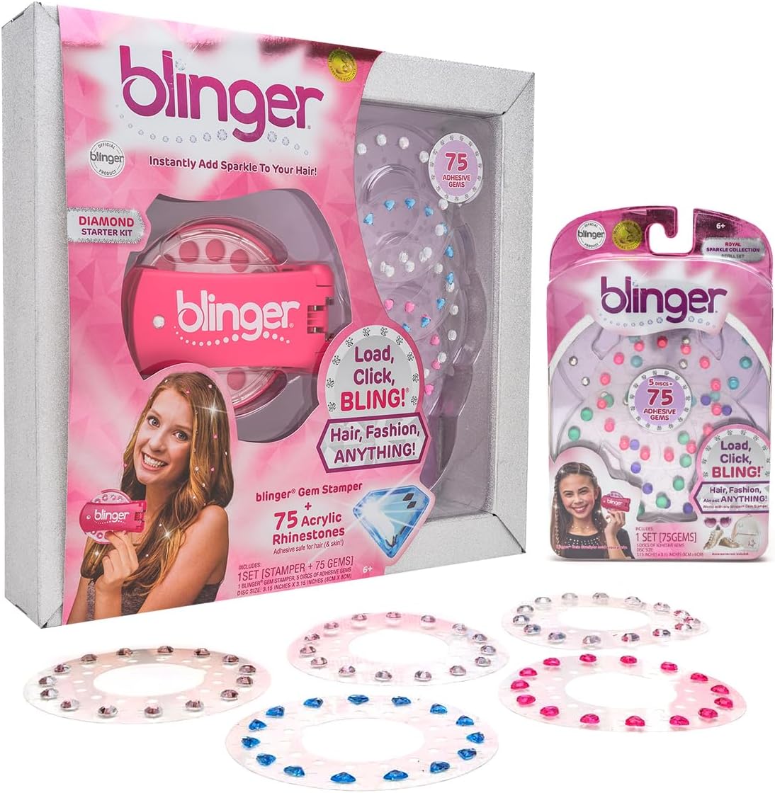 blinger® Bundle! Diamond Collection Starter Set + Sparkle Collection Refill Pack – Royal | Gem Stamper & 150 Rhinestones | Instantly Add Sparkle to Your Hair | Simply Load, Click, Bling