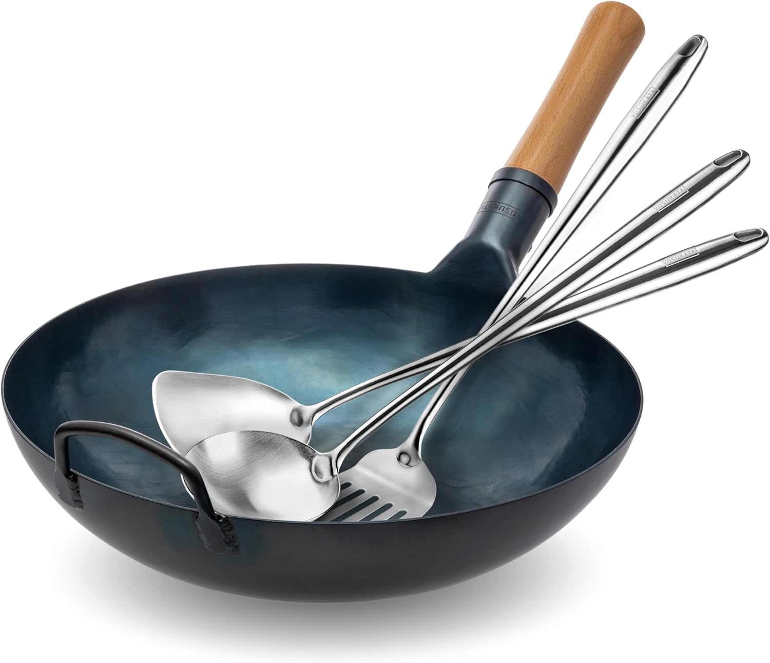 YOSUKATA Woks and Frying Pans 13.5'' - Pre-seasoned Flat Bottom Wok - Blue Carbon Steel Wok + 17" Wok Spatula and Ladle and Turner Spatula - Stainless Steel Cooking Utensils Set of 3