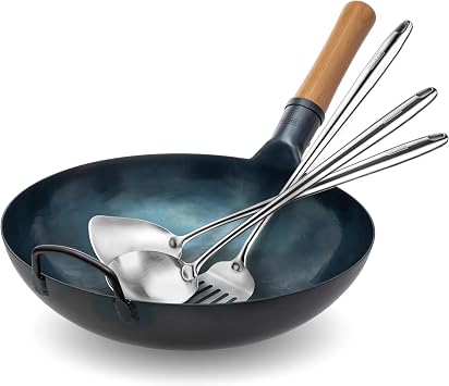 YOSUKATA Blue Round Bottom Wok Pan 14" Woks and Stir Fry Pans + 17" Wok Spatula and Ladle and Turner Spatula - Stainless Steel Cooking Utensils Set of 3