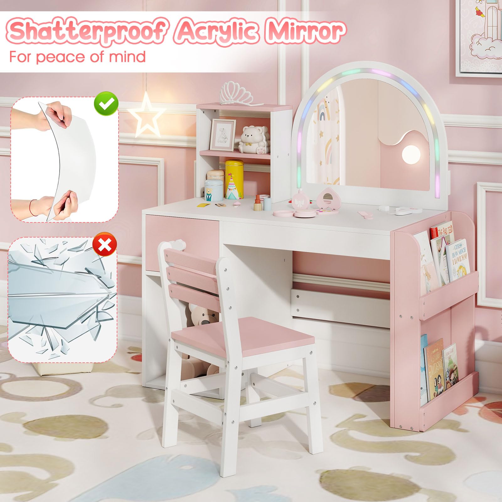RELAX4LIFE 2 in 1 Toeletta Trucco Bambina con Luci Colorati, Tavolo e Sedia in Legno con Specchio Acrilico e Libreria, Postazione Trucco per Bambini 3+ Anni (Bianco)