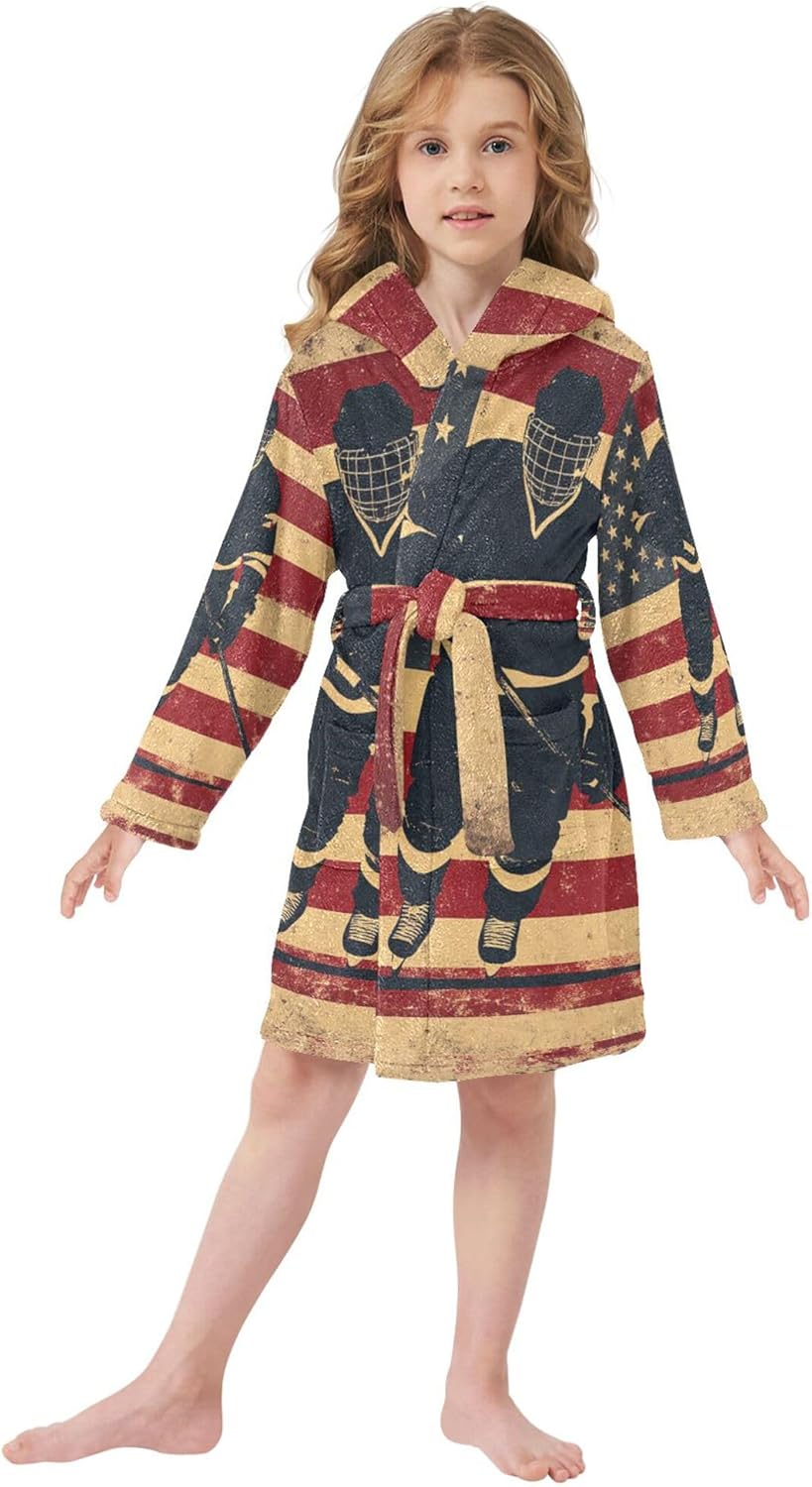 Ice Hockey Player American Flag Bathrobe Hooded PJ Robe Soft Fleece Robe Pajama Sleepwears 2-12 Years