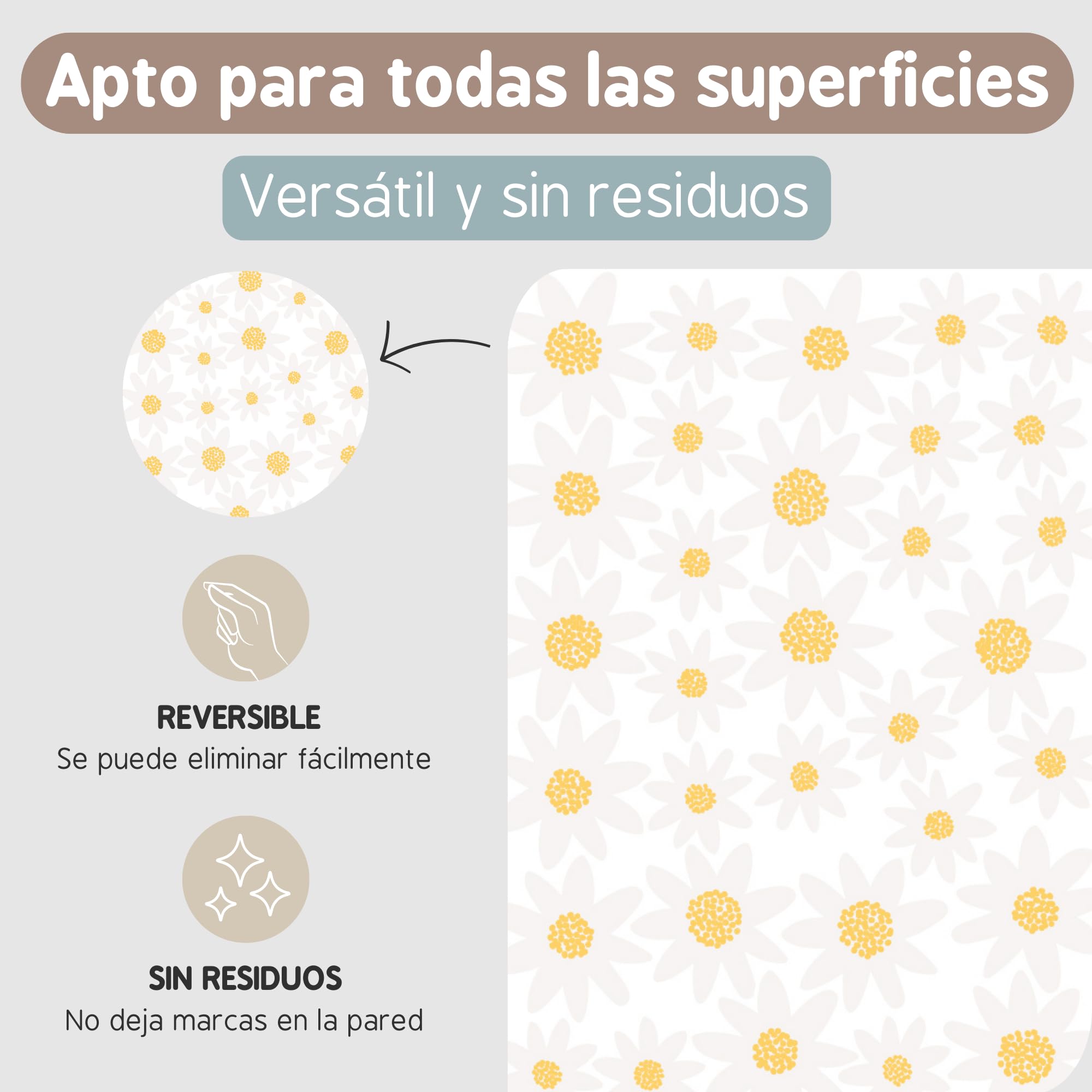 Pegatinas Pared Decorativas Flores | 6 Láminas, 192 Margaritas Adhesivas | Vinilo Adhesivo Pared | Efecto Papel Pintado | Cubre 9 m² | TRESXICS (Blanco)
