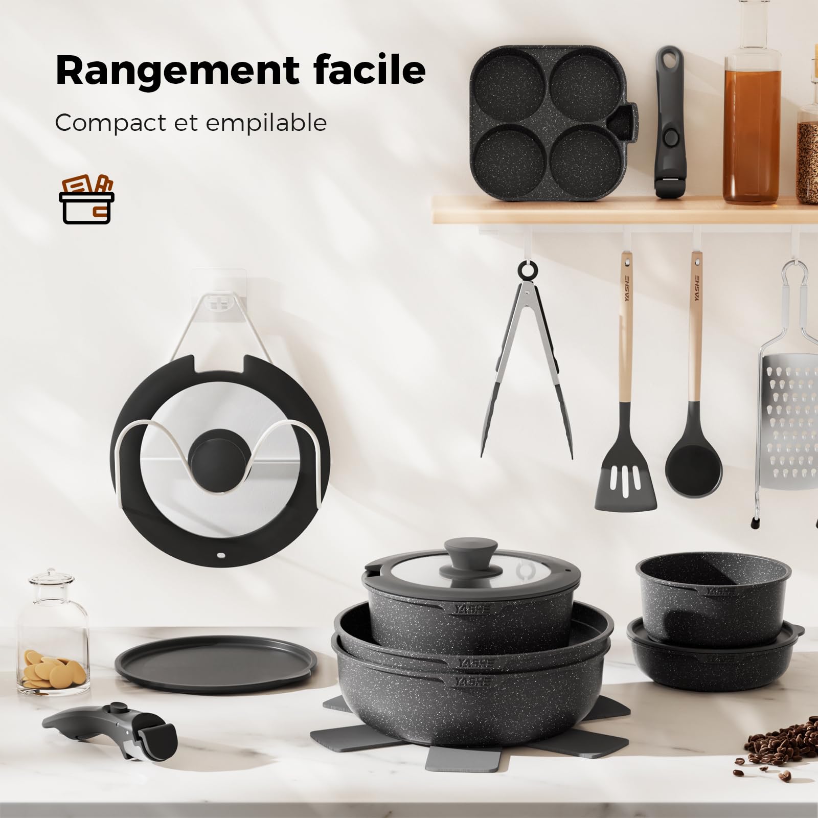 YASHE Batterie de cuisine 20 pièces, Revêtement antiadhésif, poignées amovibles, induction et four jusqu'à 230 °C, lave-vaisselle, empilable, blanc – Idéale pour les familles