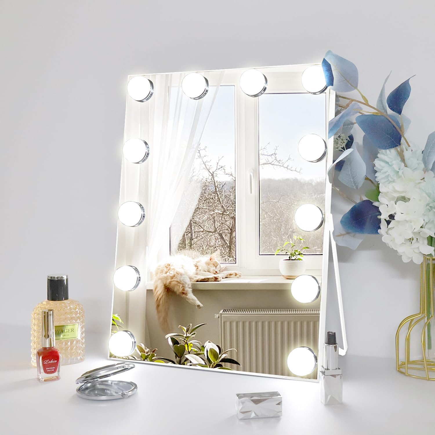 Vanity Mirror with Lights, Hollywood Lighted Makeup Mirror with 3 Color Modes and 12 Dimmable Diamond LED Light Bulbs, 360° Rotation, Touch Control, White