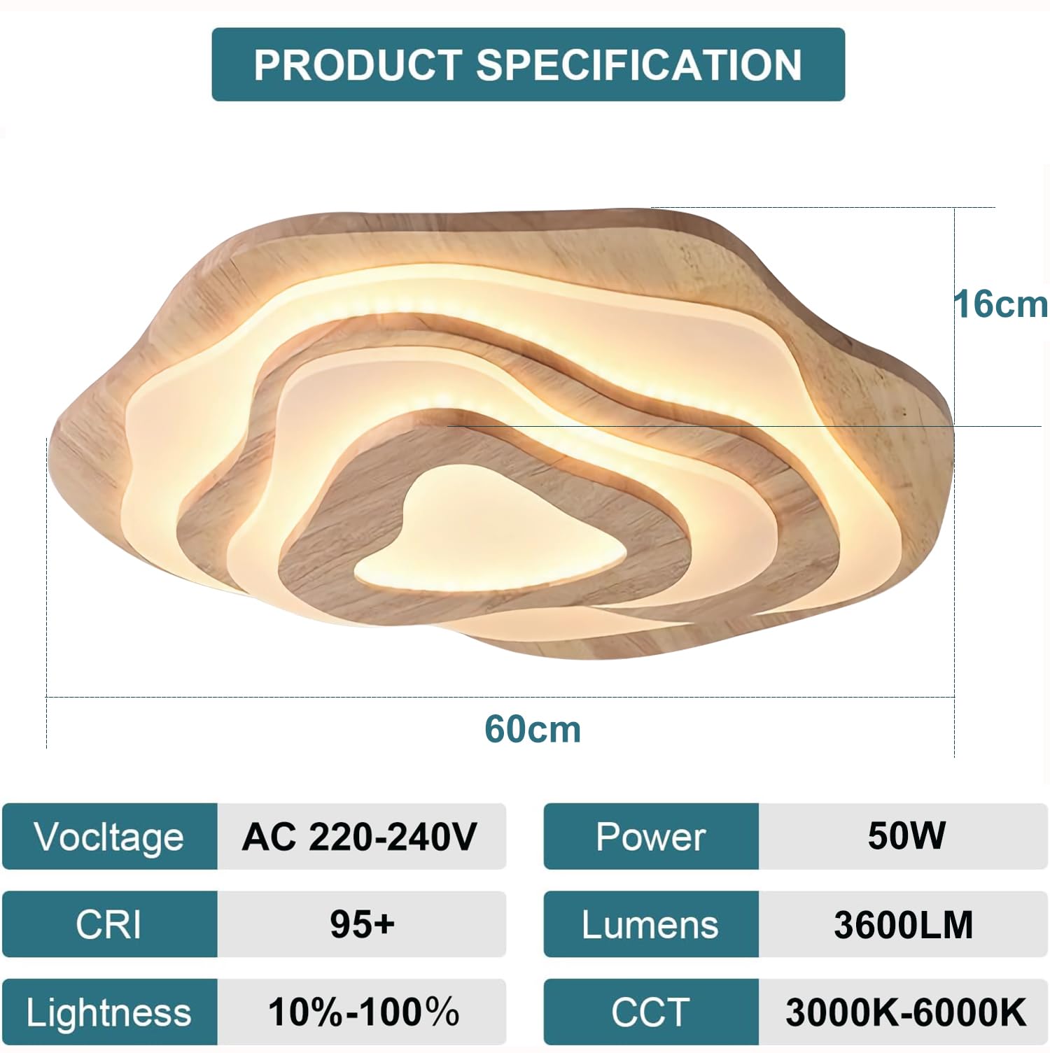 LED Deckenlampe Holz Dimmbar Wohnzimmer Deckenlampe mit Fernbedienung, 60cm | 50W Wohnzimmerlampe Schlafzimmerlampe aus Holz+Acryl, Mit Nachtlicht Memory-Funktion Holzlampe , für Esszimmer, Kinderzimmer