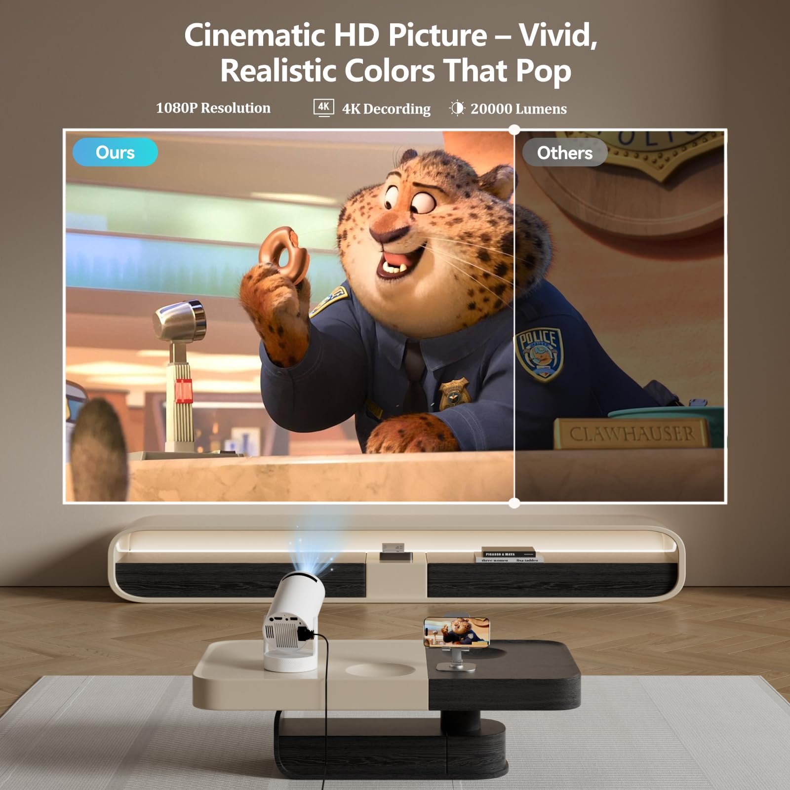 Mini proiettore portatile con supporto 1080P 4K, 20000 lumen, Wi-Fi 6 e Bluetooth 5.0, proiettore Home Cinema girevole a 180° con Keystone verticale automatico e altoparlanti HiFi