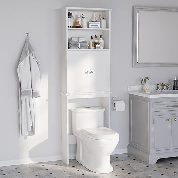 Over the Toilet Storage Cabinet for Bathroom, Extra Tall Over Toilet Storage, Space Saver W/Adjustable Shelf & Open Storage Shelf, 75in, White