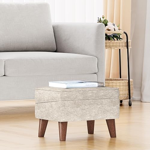 Miniatura 8 de Reposapiés otomano, otomano pequeño con almacenamiento, taburete moderno con tapa ajustable y patas de madera resistentes para sala de estar, Beige